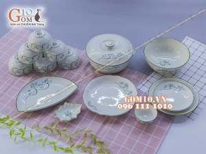 Bộ đồ ăn men kem vẽ sen xanh - Chỉ xanh 001