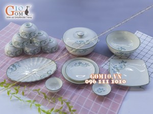 Bộ đồ ăn men kem vẽ sen xanh - Chỉ xanh 002