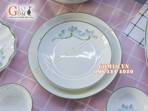 Bộ đồ ăn men kem vẽ sen xanh - Chỉ xanh 002