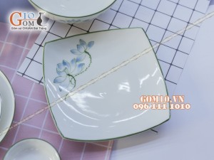 Bộ đồ ăn men kem vẽ sen xanh - Chỉ xanh 002