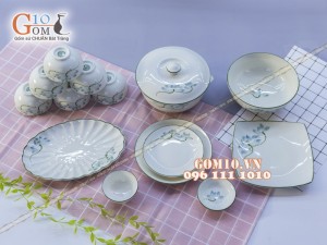 Bộ đồ ăn men kem vẽ sen xanh - Chỉ xanh 002