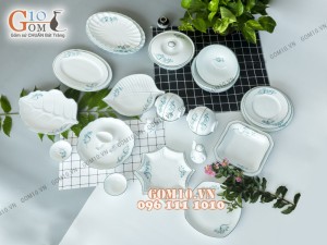 Bộ đồ ăn men trắng vẽ sen xanh 001