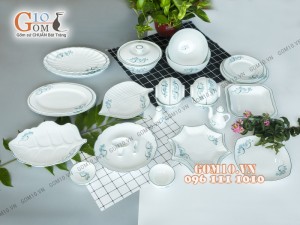 Bộ đồ ăn men trắng vẽ sen xanh 001