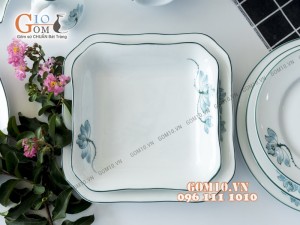 Bộ đồ ăn men trắng vẽ sen xanh 001