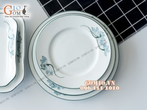 Bộ đồ ăn men trắng vẽ sen xanh 001