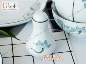 Bộ đồ ăn men trắng vẽ sen xanh 001