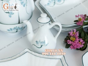 Bộ đồ ăn men trắng vẽ sen xanh 001