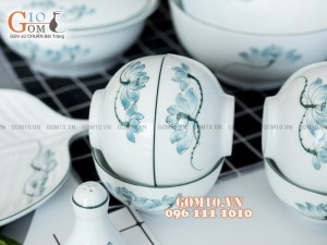 Bộ đồ ăn men trắng vẽ sen xanh 001