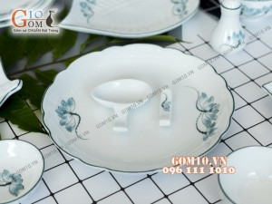 Bộ đồ ăn men trắng vẽ sen xanh 001