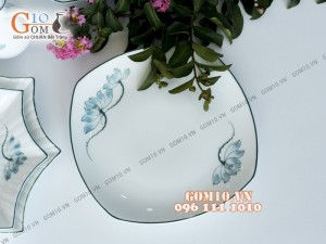 Bộ đồ ăn men trắng vẽ sen xanh 001