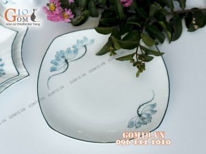 Bộ đồ ăn men trắng vẽ sen xanh 001