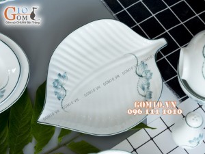 Bộ đồ ăn men trắng vẽ sen xanh 001