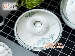 Bộ đồ ăn men trắng vẽ sen xanh 001