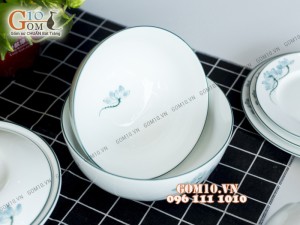 Bộ đồ ăn men trắng vẽ sen xanh 001