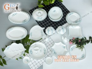 Bộ đồ ăn men trắng vẽ sen xanh 001