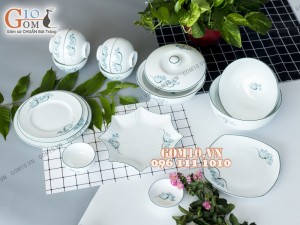 Bộ đồ ăn men trắng vẽ sen xanh 002