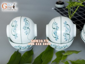 Bộ đồ ăn men trắng vẽ sen xanh 002