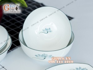 Bộ đồ ăn men trắng vẽ sen xanh 002