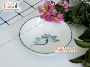 Bộ đồ ăn men trắng vẽ sen xanh 002