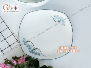 Bộ đồ ăn men trắng vẽ sen xanh 002