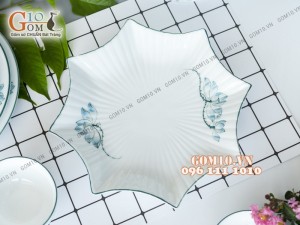Bộ đồ ăn men trắng vẽ sen xanh 002