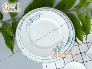 Bộ đồ ăn men trắng vẽ sen xanh 002