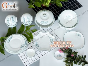 Bộ đồ ăn men trắng vẽ sen xanh 002