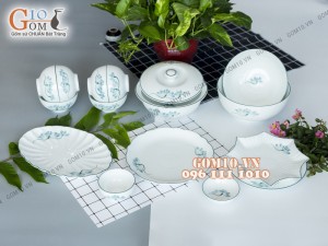 Bộ đồ ăn men trắng vẽ sen xanh, 15 chi tiết