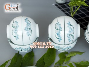 Bộ đồ ăn men trắng vẽ sen xanh, 15 chi tiết