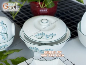 Bộ đồ ăn men trắng vẽ sen xanh, 15 chi tiết
