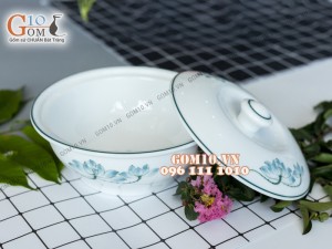 Bộ đồ ăn men trắng vẽ sen xanh, 15 chi tiết