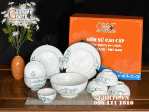 Bộ đồ ăn men trắng vẽ Sen xanh, 11 chi tiết