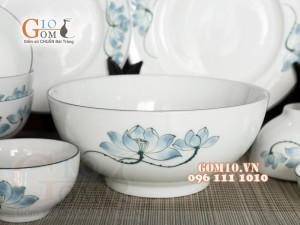 Bộ đồ ăn men trắng vẽ Sen xanh, 11 chi tiết