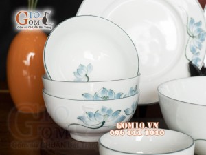 Bộ đồ ăn men trắng vẽ Sen xanh, 11 chi tiết