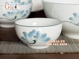 Bộ đồ ăn men trắng vẽ Sen xanh, 11 chi tiết