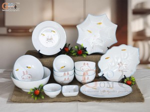 Bộ đồ ăn men trắng vẽ Thỏ con, 14 chi tiết