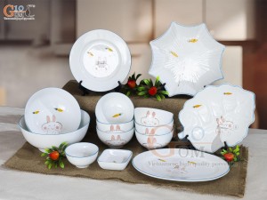 Bộ đồ ăn men trắng vẽ Thỏ con, 14 chi tiết