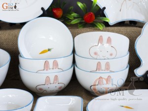 Bộ đồ ăn men trắng vẽ Thỏ con, 14 chi tiết