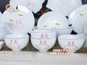 Bộ đồ ăn men trắng vẽ Thỏ con, 19 chi tiết