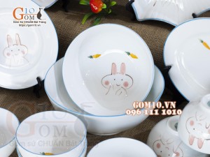 Bộ đồ ăn men trắng vẽ Thỏ con, 19 chi tiết