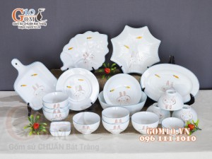 Bộ đồ ăn men trắng vẽ Thỏ con, 19 chi tiết