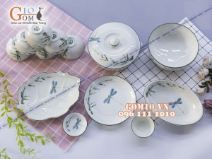 Bộ đồ ăn men kem vẽ Trúc Chuồn 001