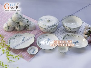 Bộ đồ ăn men kem vẽ Trúc Chuồn 001