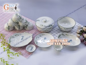 Bộ đồ ăn men kem vẽ Trúc Chuồn 001