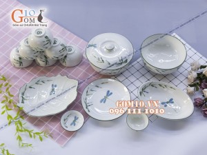 Bộ đồ ăn men kem vẽ Trúc Chuồn 001