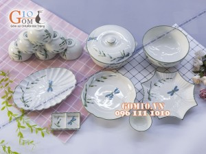 Bộ đồ ăn men kem vẽ Trúc Chuồn 002