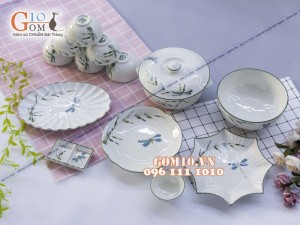 Bộ đồ ăn men kem vẽ Trúc Chuồn 002