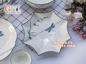 Bộ đồ ăn men kem vẽ Trúc Chuồn 002