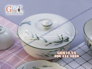 Bộ đồ ăn men kem vẽ Trúc Chuồn 002