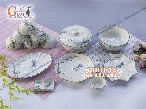 Bộ đồ ăn men kem vẽ Trúc Chuồn 002